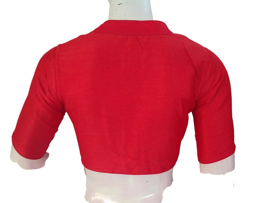 Red Semi Raw Silk Saree Blouse – Collar Neck, Stitched & Ready to Wear with Cotton Lining - D3blouses