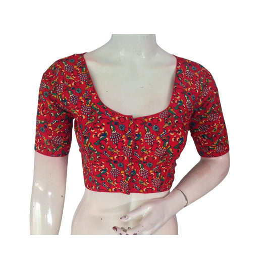 Romantic Red: Kalamkari Printed Cotton Readymade Blouse - D3blouses