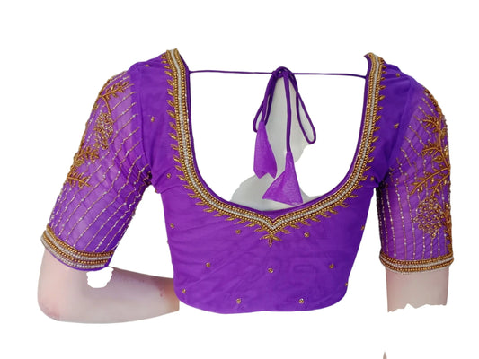 Royal Purple: Designer Netted Aari Handwork Readymade Saree Blouse - D3blouses