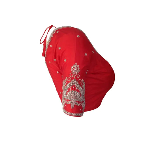 Ruby Red Silver Aari Handwork Bridal Silk Saree Blouse - A Fiery Masterpiece - D3blouses