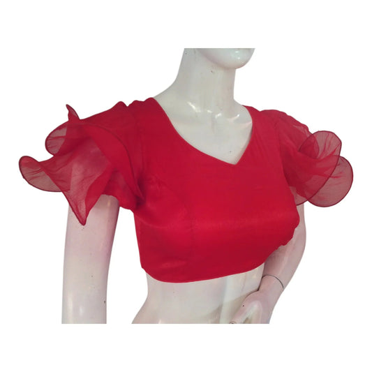 Scarlet Red Organza Ruffle Sleeve Readymade Saree Blouse | Modern Designer Choli - D3blouses