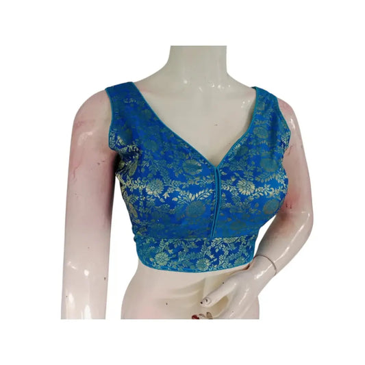 Serene Blue Banaras Silk Ready made Saree Blouse: Timeless Elegance - D3blouses