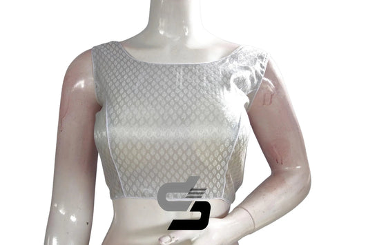 Silver Color Boat Neck Brocade Silk Designer Readymade Saree Blouse - D3blouses