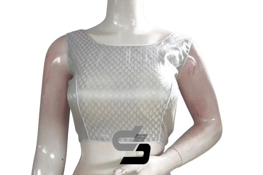 Silver Color Boat Neck Brocade Silk Designer Readymade Saree Blouse - D3blouses