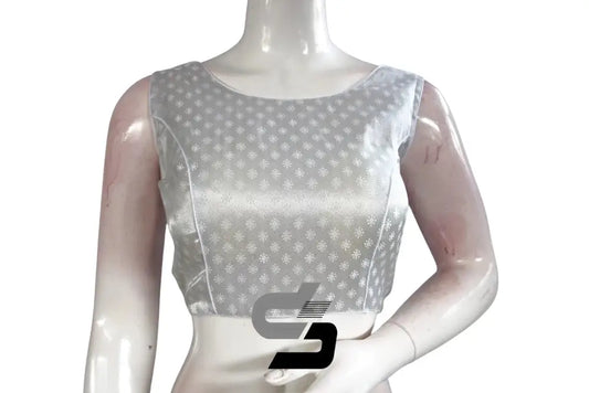 Silver Color Boat Neck Brocade Silk Designer Readymade Saree Blouse - D3blouses