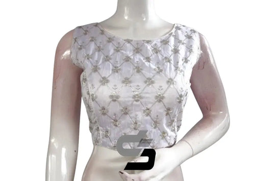 Silver Color Boat Neck Embroidery Designer Readymade Saree Blouse - D3blouses