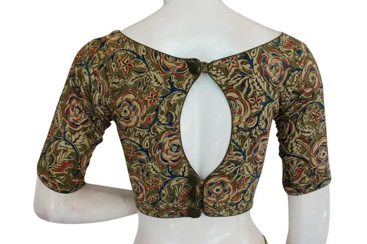 Sleek Kalamkari Boat Neck Saree Blouse, Ready-to-Wear Design - D3blouses