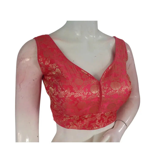 Soft Peach Pink Banaras Silk Ready made Saree Blouse: Delicate Charm - D3blouses