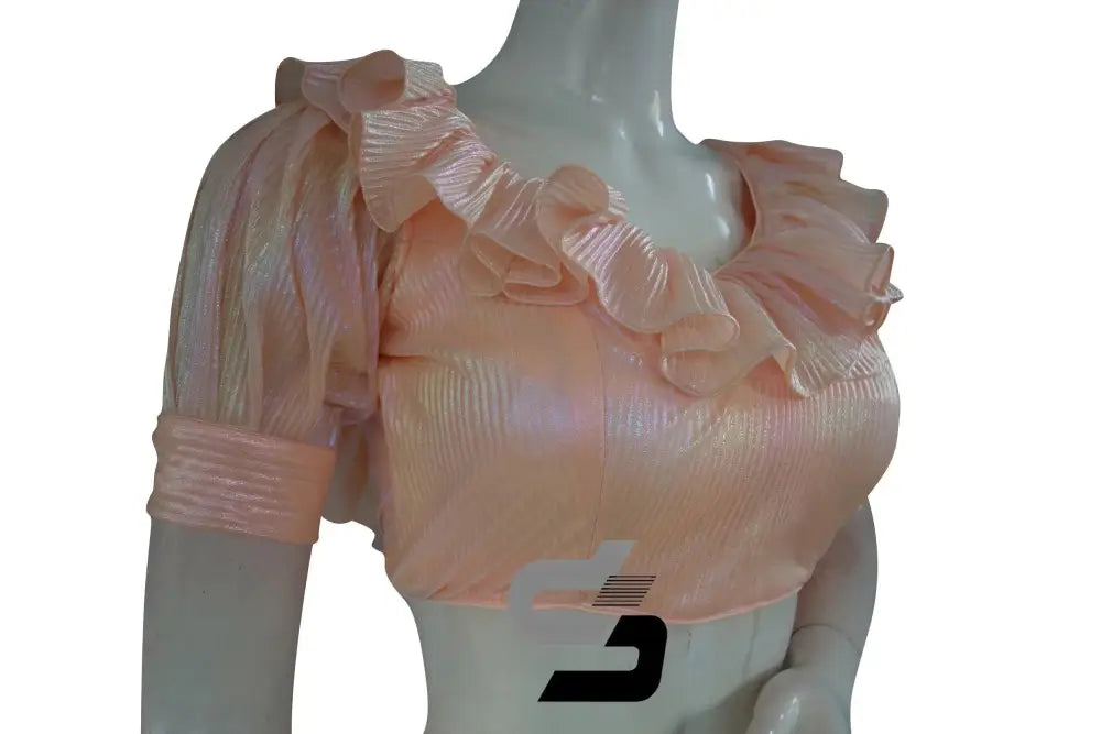 Soft Peach Pre-Pleated Saree Blouse: Frill Neckline, Puff Sleeves