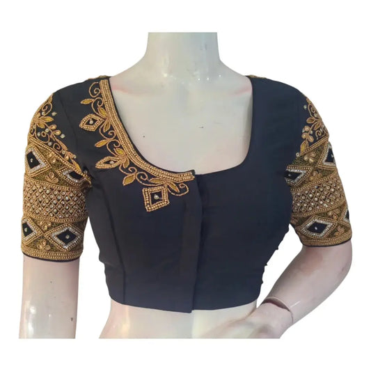 Sophisticated Black Color Aari Handwork Wedding Silk Saree Blouse - D3blouses