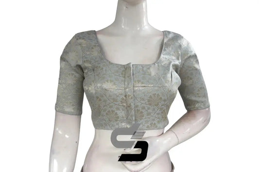 Sophisticated Grey-Silver Mix Premium Brocade Silk Saree Blouse, Indian Ethnic Wear - D3blouses