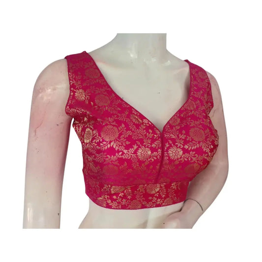 Sparkling Raspberry Pink Banaras Silk Ready made Blouse: A Touch of Romance - D3blouses