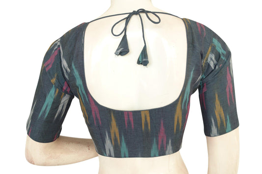 Stay Stylish and Safe with Grey Ikkat Readymade Blouse with Included Face Mask - D3blouses