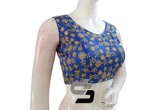 "Step into Elegance: Royal Blue Designer Semi Silk Embroidery Saree Blouses" - D3blouses