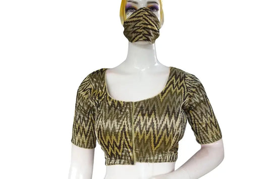 Stunning Banana Cream Ikkat Silk Cotton Saree Blouse, Ready-to-Wear - D3blouses