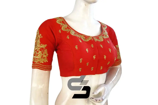 Stunning Red High Neck Designer Silk Embroidered Blouses - D3blouses