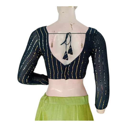 Stylish Dark Teal Color 3/4th Sleeve Sequin Blouse for Designer Sarees - D3blouses