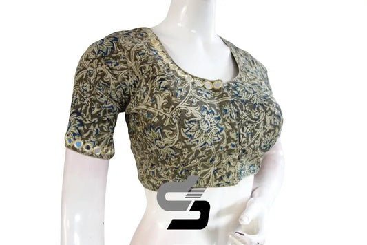 Stylish Green Kalamkari Cotton Blouse, Mirror Neck & Sleeves, Ready-to-Wear - D3blouses