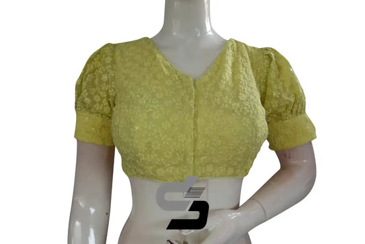 Sunny Charm: High Neck Chikankari Saree Blouse with Puff Sleeves in Yellow - D3blouses