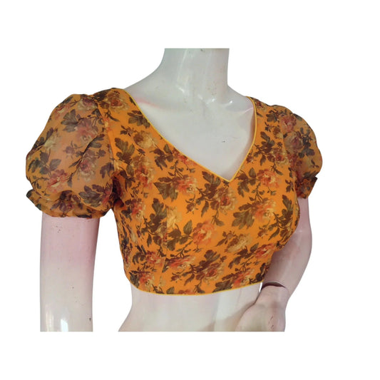 Sunny Side Up: Mustard Yellow Color Organza Puff Sleeve Readymade Blouse - D3blouses