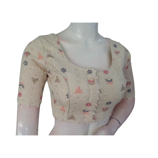 Sustainable Style: Hand-Embroidered Khadi Cotton Readymade Blouse - D3blouses