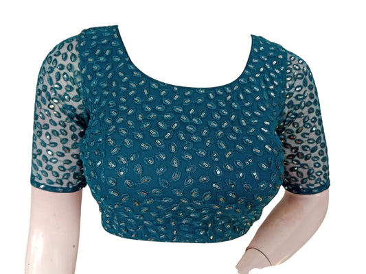 Teal Blue Embroidered Netted Saree Readymade Blouse - D3blouses