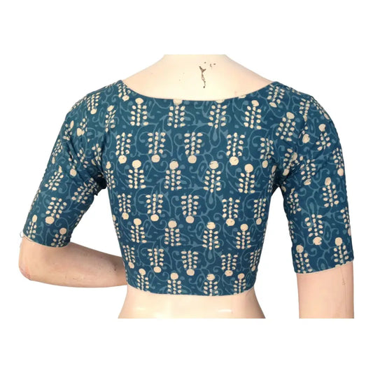 Teal Blue High Neck Cotton Blouse |Traditional Indian Craftsmanship - D3blouses