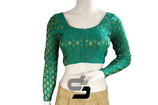 Teal Green Color Brocade Silk Full sleeves Readymade Blouse - D3blouses