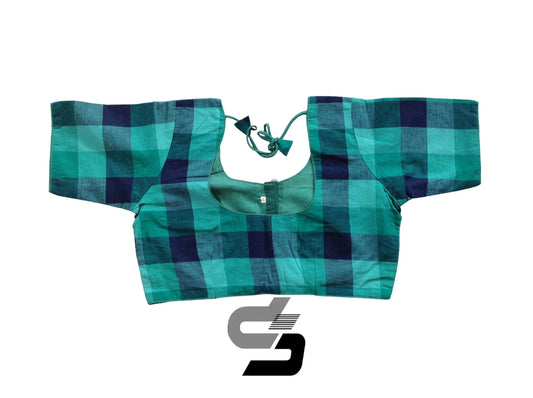Teal Green Color Cotton Checks Readymade Saree Blouse, Indian Cotton Blouse - D3blouses