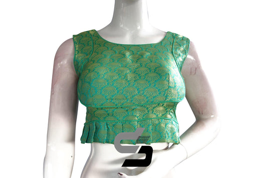 Teal Green Color Sleeveless Brocade Designer Party Wear Readymade Blouse/ Indian Crop Tops - D3blouses