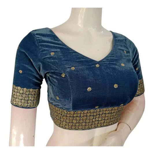 Teal-Grey Color Sequin Velvet Designer V-Neck Saree Readymade Blouse - D3blouses