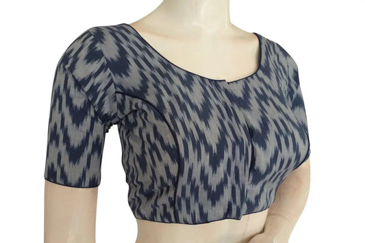 Timeless Elegance, Navy Blue Ikkat Cotton Readymade Blouse - D3blouses