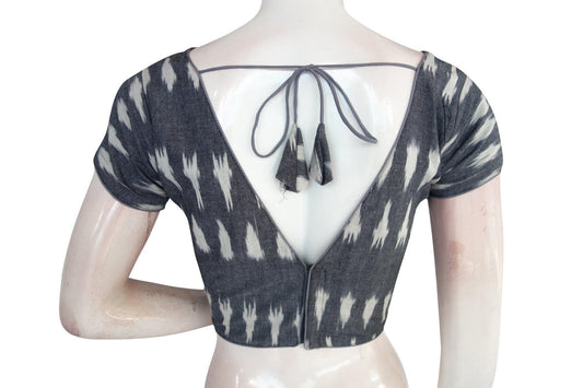 Timeless Grey Ikkat V-Neck Designer Saree Blouse - Classic Elegance - D3blouses
