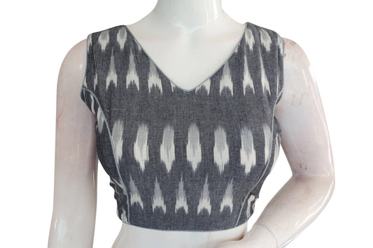 Trendsetting Grey Ikkat V-neck Readymade Blouse with Designer Tassels - D3blouses