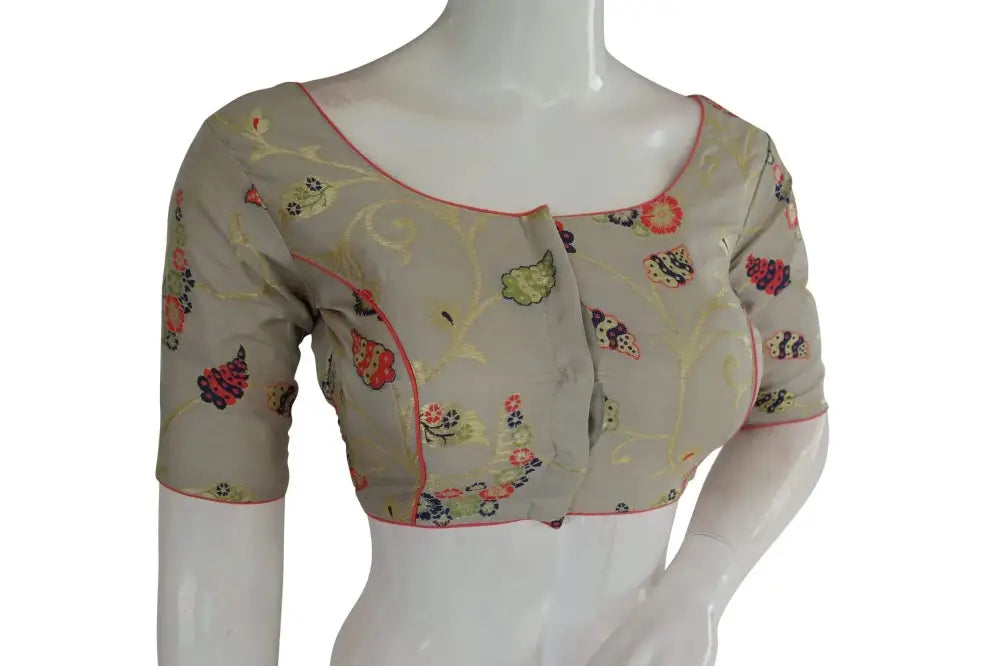 Trendy Twist: Rock the Party with a Grey Color Banarasi Brocade silk Readymade saree blouse, Indian Readymade blouse, Crop top - D3blouses