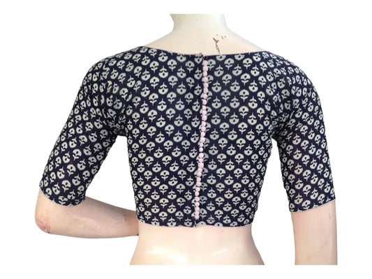 Versatile Navy Blue Cotton Blouse | Modern High Neck Design | Ready made Blouse - D3blouses