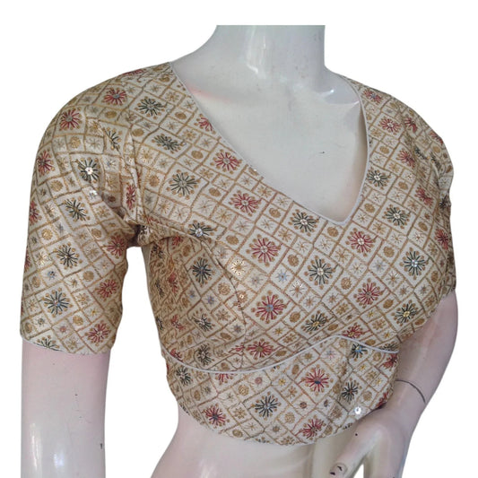 Versatile Off-White Semi-Silk Blouse: Multi-Thread Work, Ready to Wear - D3blouses