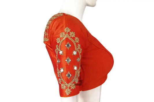 Vibrant Orange Embroidered High Neck Saree Blouse - Designer Charm - D3blouses