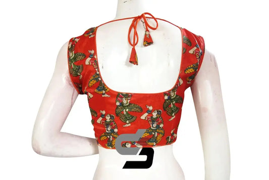 Vibrant Orange Kalamkari Sleeveless Cotton Saree Blouse, Ready-to-Wear - D3blouses