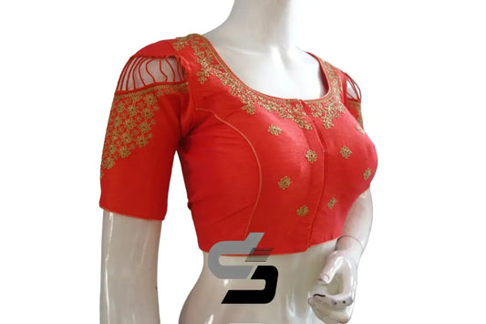Vibrant Peach Pink High Neck Semi Silk Embroidered Blouse - D3blouses