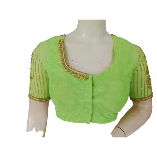 Vibrant Verdant: Parrot Green Netted Aari Handwork Wedding Saree Blouse - D3blouses