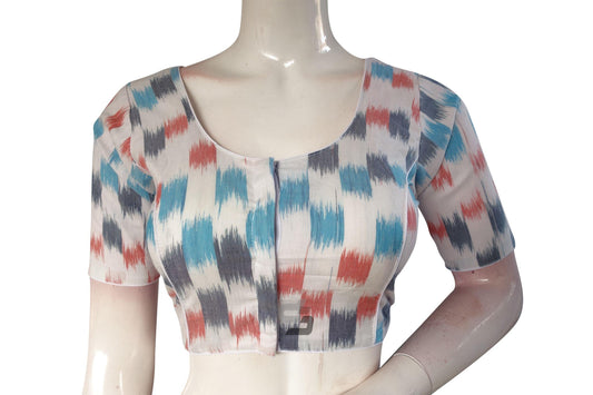 Vibrant White Multi-Color Ikkat Cotton Readymade Saree Blouse - D3blouses