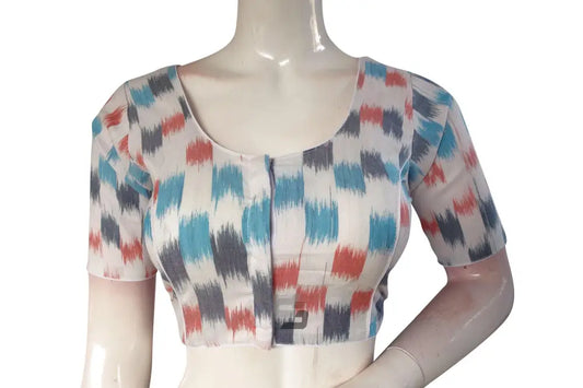 Vibrant White Multi-Color Ikkat Cotton Readymade Saree Blouse - D3blouses