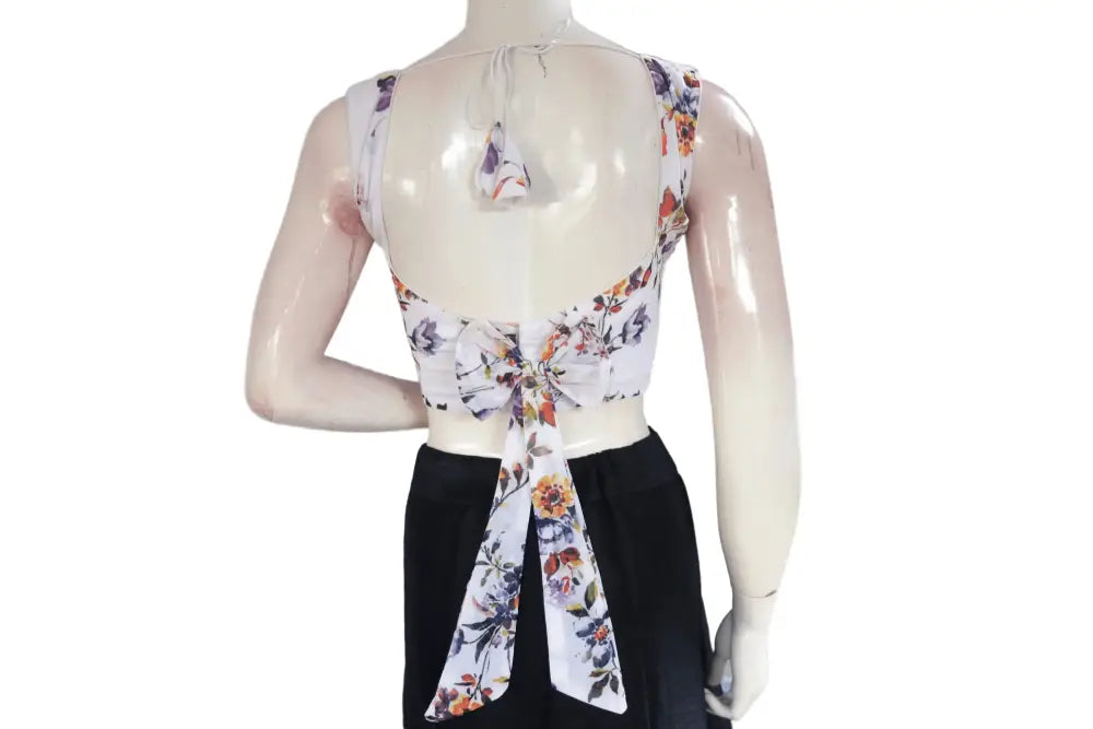 White Color Designer Organza Sleeveless Readymade Saree Blouse With Tassels - D3blouses