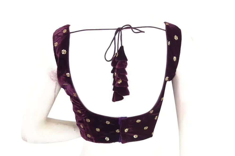 Wine Color Designer Velvet Sequin Readymade Saree Blouse - D3blouses