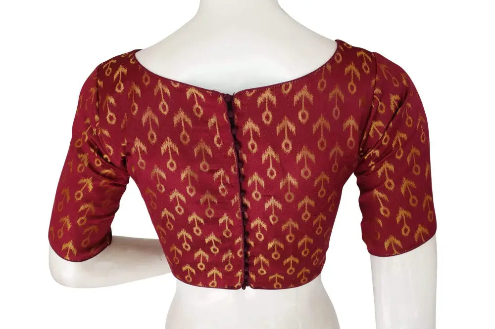 Wine Colour Brocade Silk Designer Boat Neck Readymade saree blouse with Potli Button - D3blouses