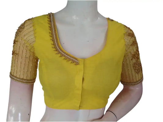 Yellow Color Designer Netted Aari Handwork Readymade Saree Blouses - D3blouses