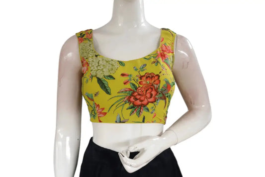 Yellow Color Designer Organza Sleeveless Readymade Saree Blouse With Tassels - D3blouses