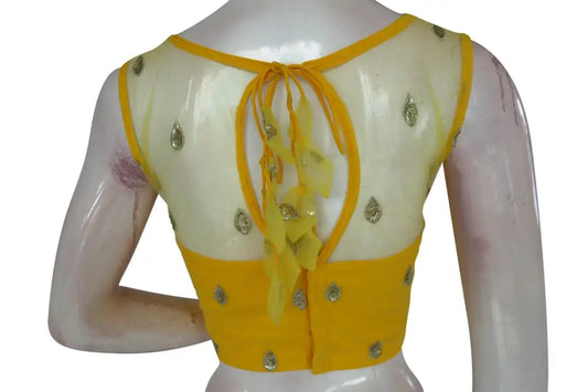 Yellow Color Floral Organza Netted Designer Blouse With Tassels - D3blouses
