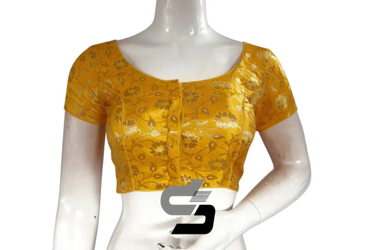 Yellow Color Premium Banaras Brocade Silk Readymade Saree Blouse - D3blouses